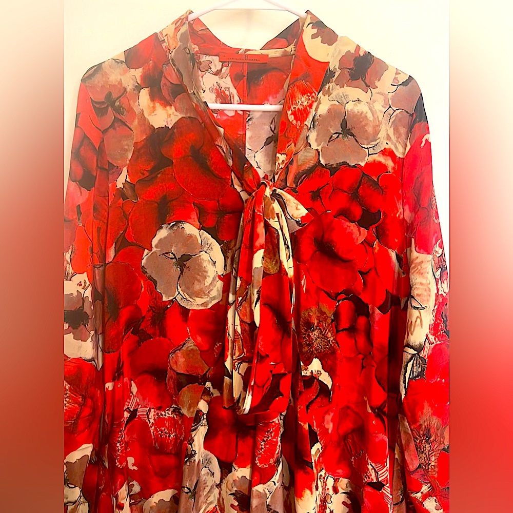 CH Carolina Herrera Red Flower Printed Silk Button Front Tunic Dress L